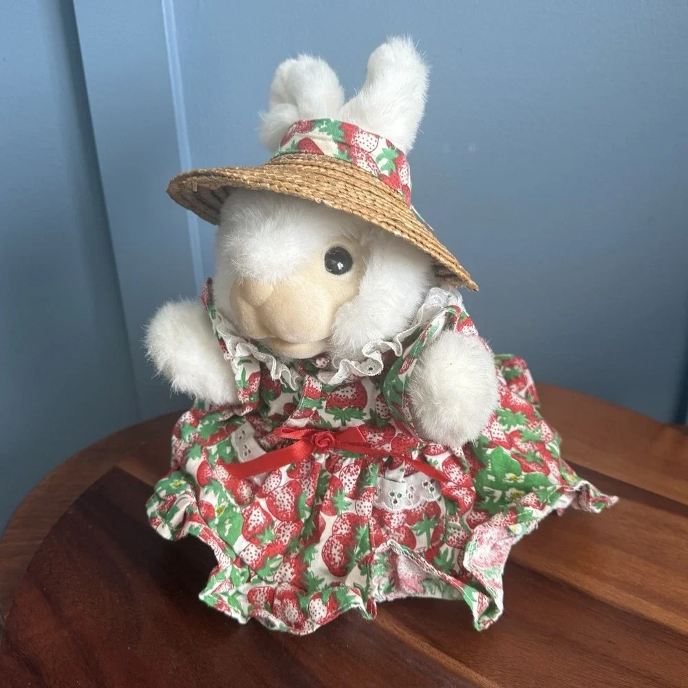 Vintage 1994 Hosung Bunny Rabbit Hand Puppet Plush Strawberry Dress Straw Hat